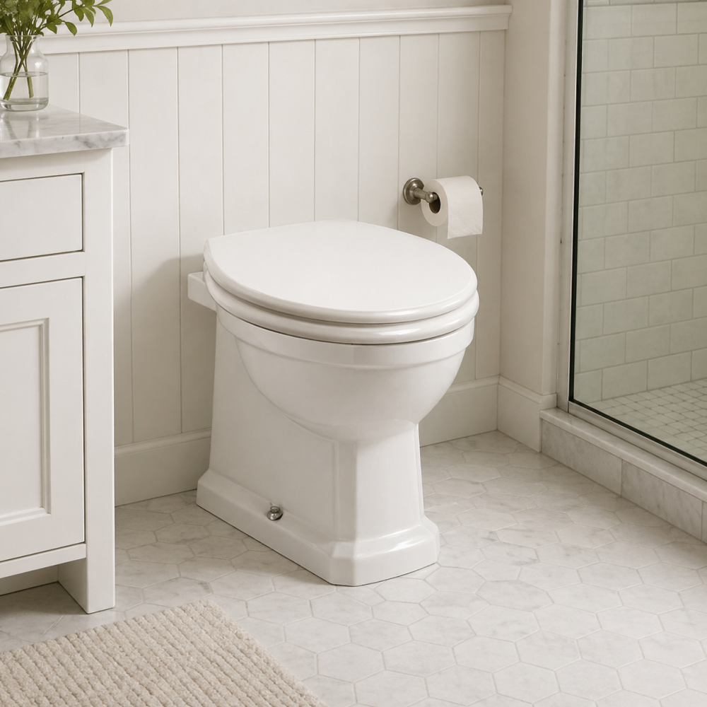 Sherbourne Back To Wall WC & Satin White Wood Effect Seat