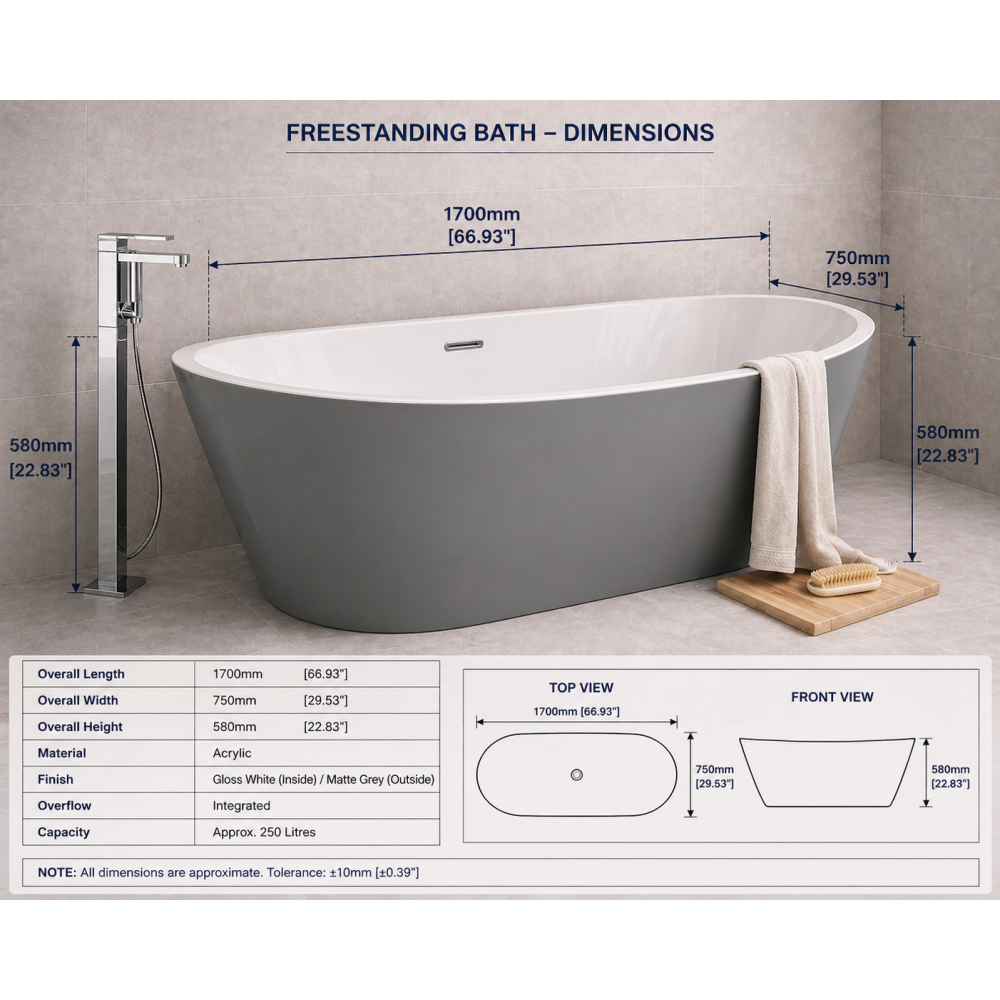 Coloured Free Standing Bath DIBF0070 Belmont Freestanding 1700x780x690mm Bath - Grey