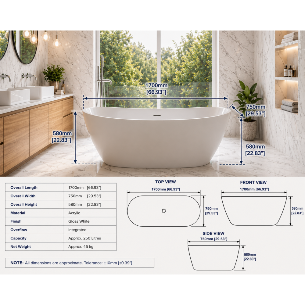 Coloured Free Standing Bath DIBF0104 Belmont Freestanding 1700x780x690mm Bath - Latte