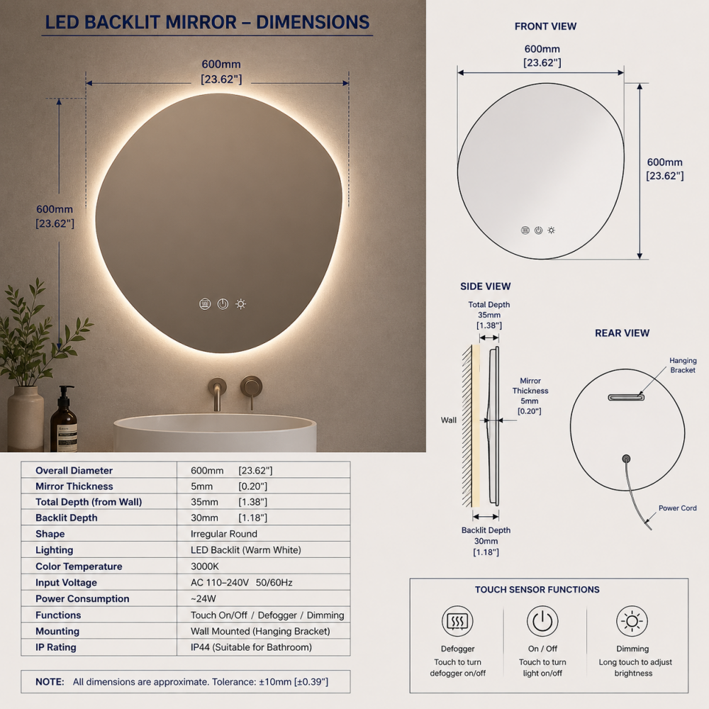 Origins Living Claris CLR-01G068-03 Origins Living Claris Organic Mirror 60x80cm CLR-01G068-03 Illuminated Bathroom Mirror