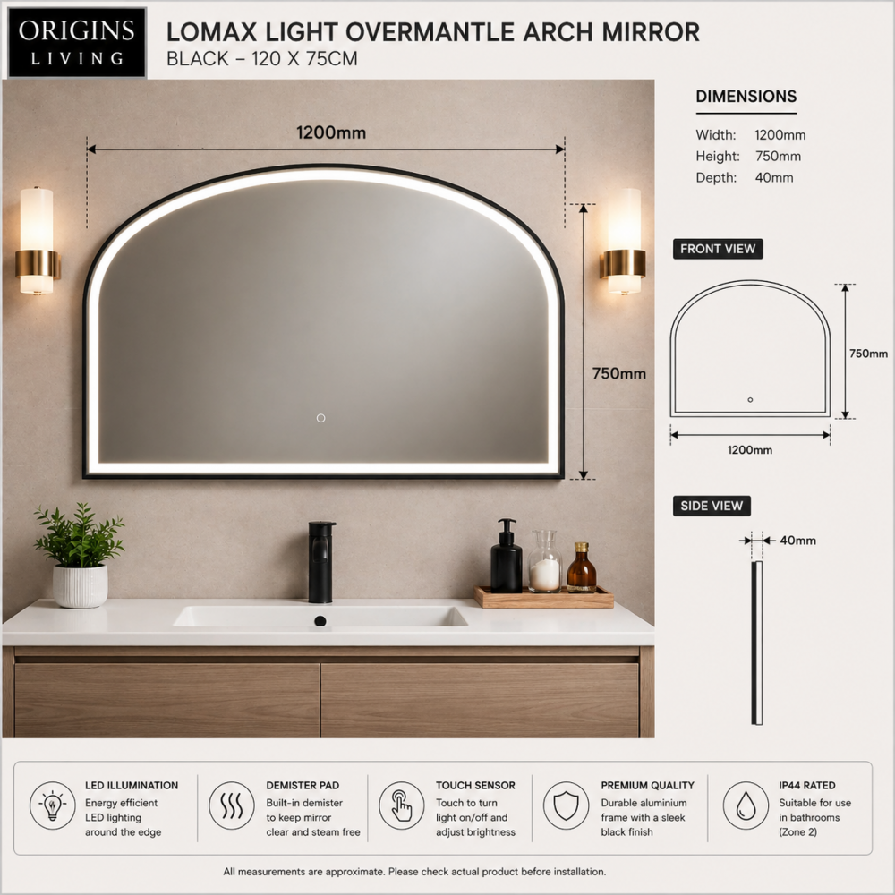 Origins Living Lomax Light Overmantle Arch 120 Brushed Brass - 120x75cm LML-01R127-BB Illuminated Bathroom Mirror