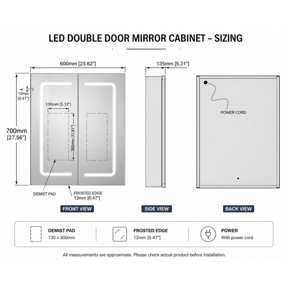 Wall Cabinets DIMS0116 Rika 600mm 2 Door Front-Lit LED Mirror Cabinet