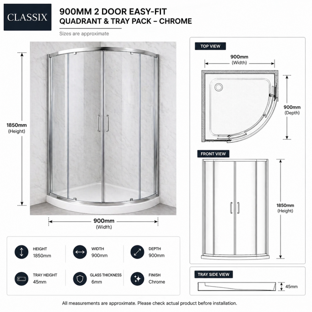 Equal Quadrant Enclosures Chrome Frame DIEQP9096 Classix 900mm x 6mm Glass 2 Door Easy-Fit Quadrant & 45mm Tray Pack - Chrome