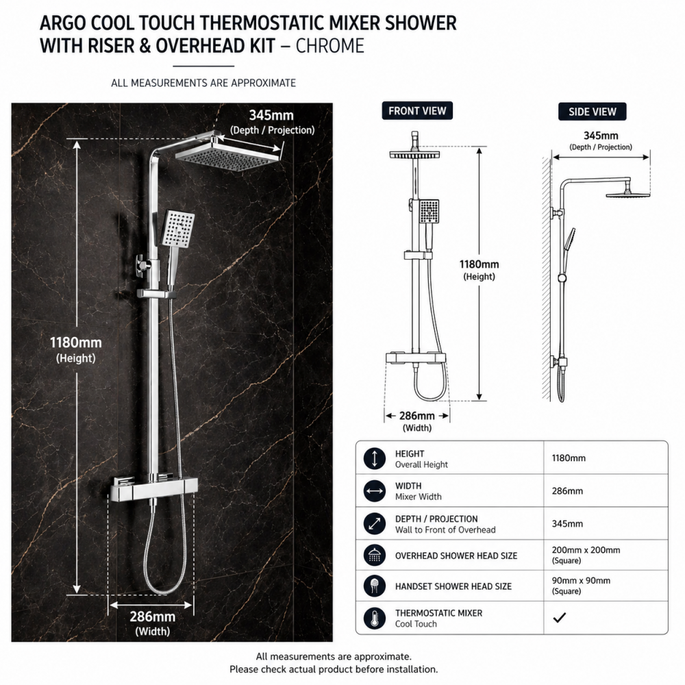 Columns Showers Chrome DICM0580 Argo Cool-Touch Thermostatic Mixer Shower w/Riser & Overhead Kit - Chrome