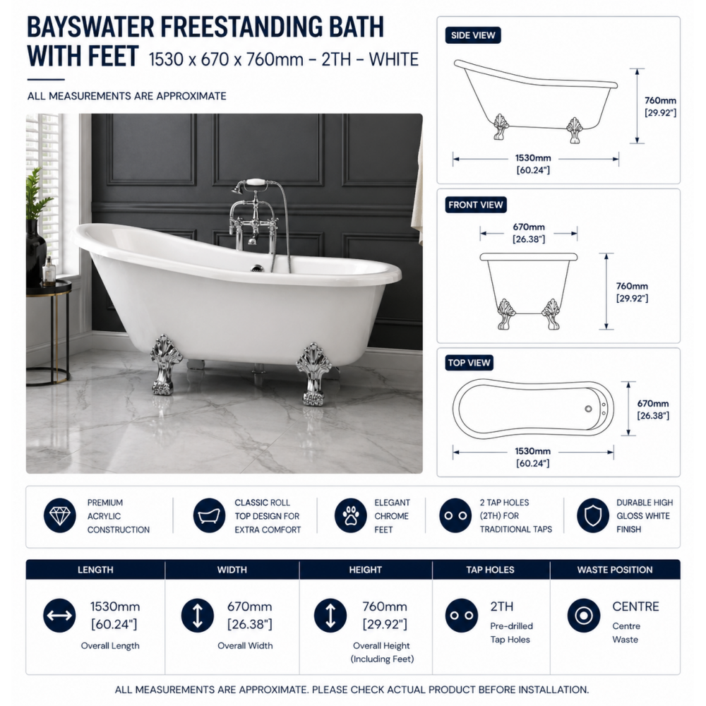 Clawed Feet Baths DIBFP2014 Bayswater Freestanding 1530x670x760mm 2TH Bath w/Feet