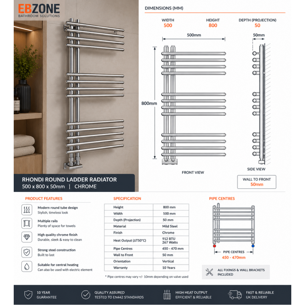 Designer Radiator DIRA0182 Rhondi Round Ladder Radiator (500x800x50mm) - Chrome