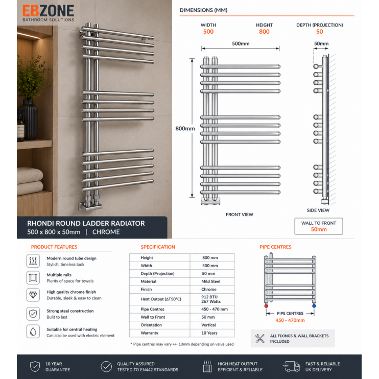 Rhondi Round Ladder Radiator (500x800x50mm) - Chrome