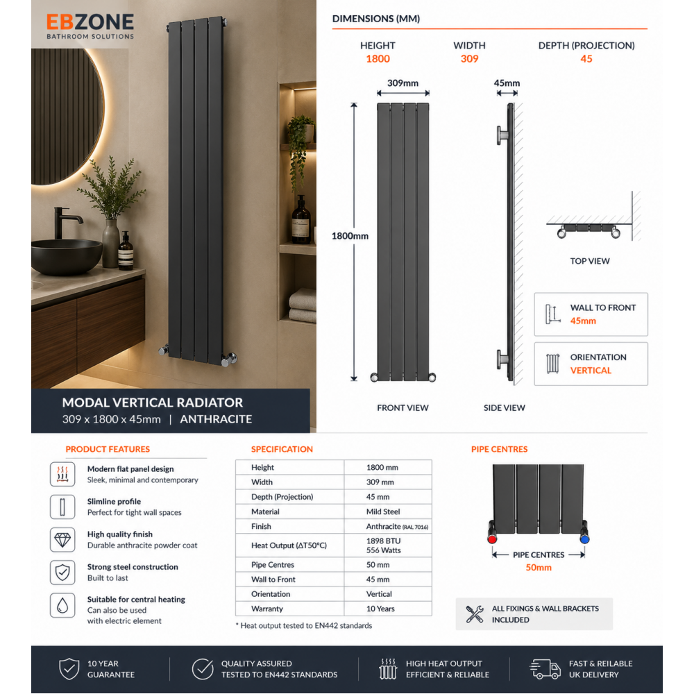 Designer Radiator DIRA0210 Modal Radiator (309x1800x45mm) - Anthracite