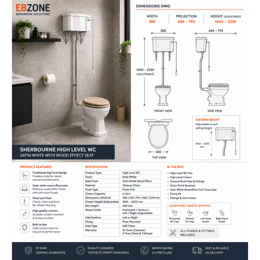 High Level Cistern  Flush Pipe Kit  Pan & Seat DIPTP0198 Sherbourne High Level WC & Satin White Wood Effect Seat