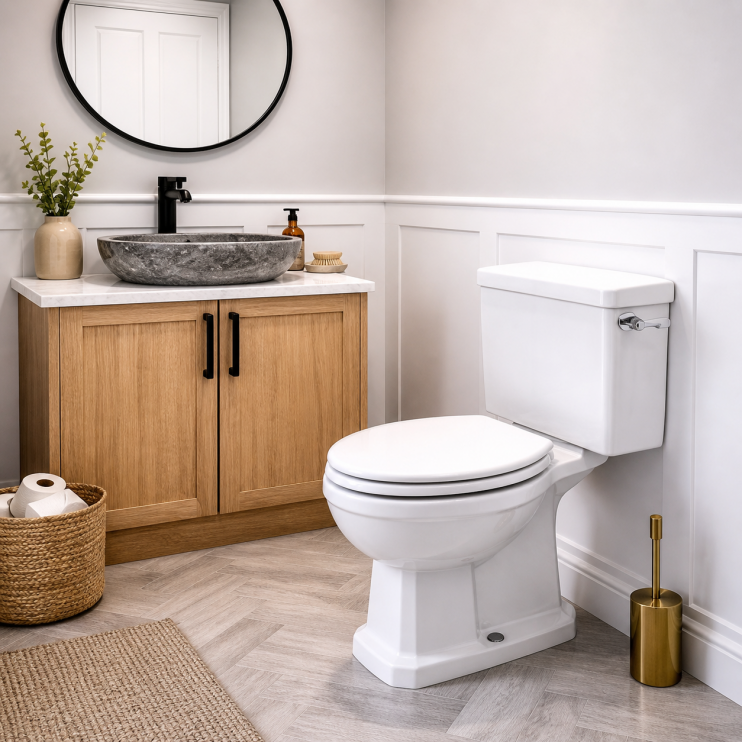 Sherbourne Close Coupled WC & Satin White Wood Effect Seat