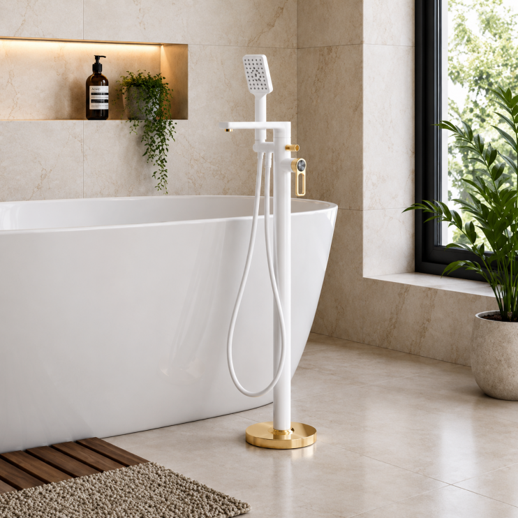 Abode Levarto Floor Standing Bath Shower Mixer - Matt White & Brass