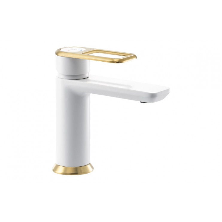 Abode Levarto Basin Mixer - Matt White & Brass Abode Levarto Basin Mixer - Matt White & Brass