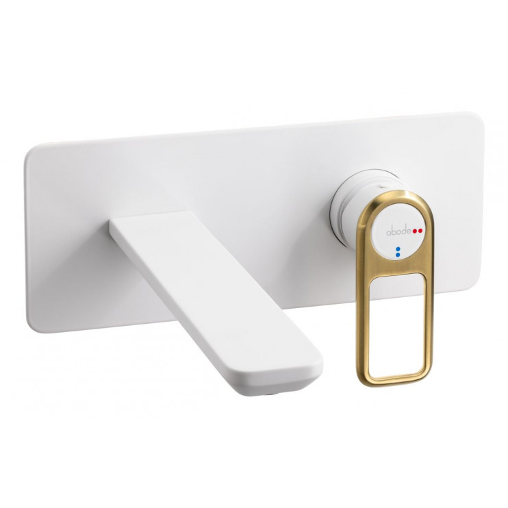 Abode Levarto Wall Mounted Basin/Bath Mixer - Matt White & Brass Abode Levarto Wall Mounted Basin/Bath Mixer - Matt White & Brass