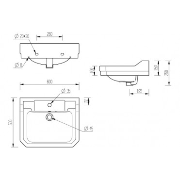 Sherbourne 600x500mm 1TH Basin & Full Pedestal