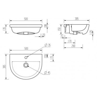 Semi Recessed Basin DIPB1204 Tuscany 500x390mm 1TH Semi Recessed Basin