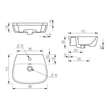 Semi Recessed Basin DIPB1322 Amyris 495x415mm 1TH Semi Recessed Basin