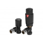 Round Thermostatic Matt Black Radiator Valves - Angled