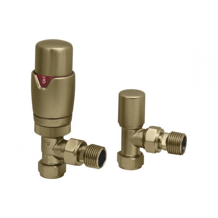 Round Thermostatic Brushed Brass Radiator Valves - Angled Round Thermostatic Brushed Brass Radiator Valves - Angled