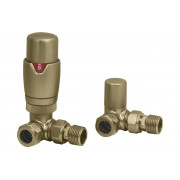 Round Thermostatic Brushed Brass Radiator Valves - Corner