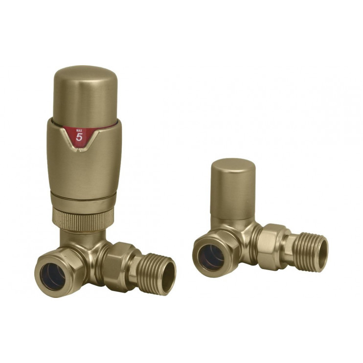 Round Thermostatic Brushed Brass Radiator Valves - Corner Round Thermostatic Brushed Brass Radiator Valves - Corner