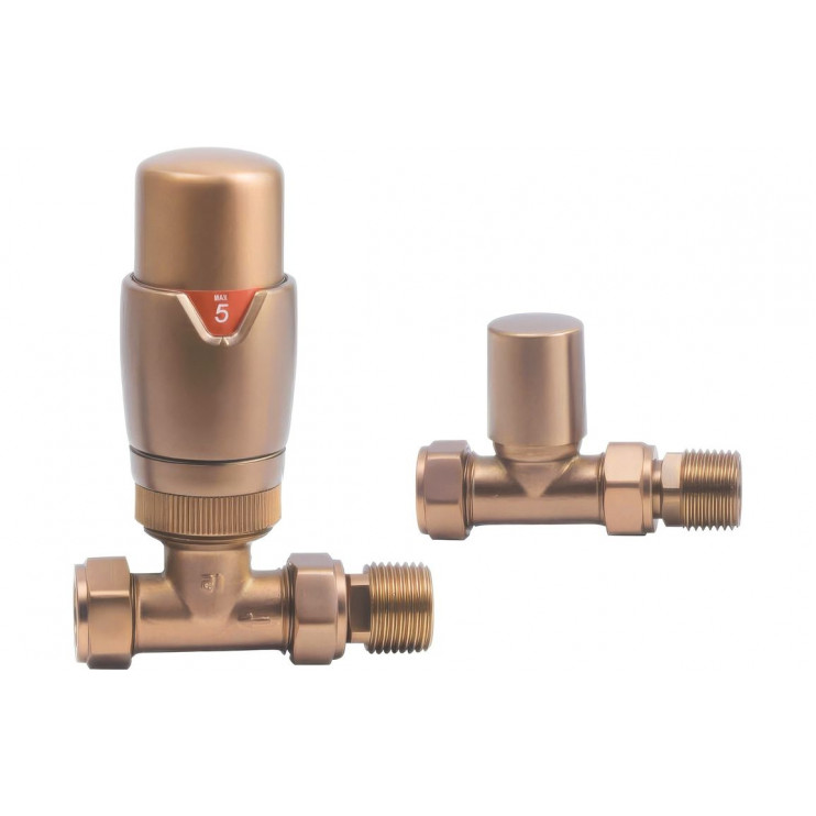 Round Thermostatic Brushed Bronze Radiator Valves - Straight Round Thermostatic Brushed Bronze Radiator Valves - Straight