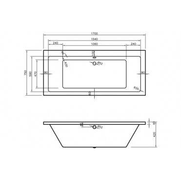 Navarre Square Double End SUPERCAST 1700x750x550mm 0TH Bath w/Legs