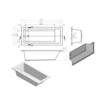 Navarre Square Single End 1700x750x550mm 0TH Bath w/Legs