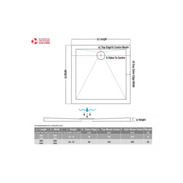 28mm Anti-Slip Ultra-Slim 900mm Square Tray & Waste