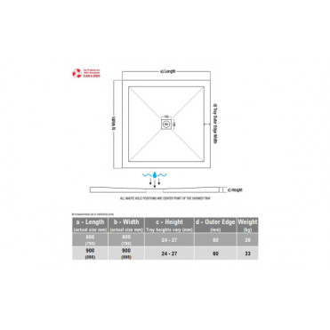 25mm Ultra-Slim 800mm x 800mm Square Tray & Waste