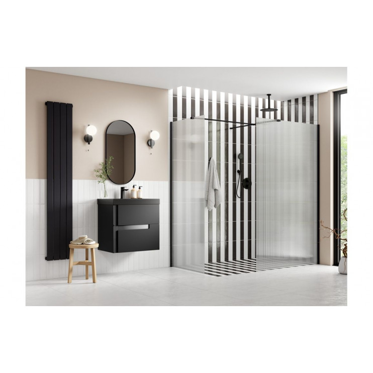Iconix 800mm 8mm Glass Fluted Wetroom Panel & Side Panel Arm - Black