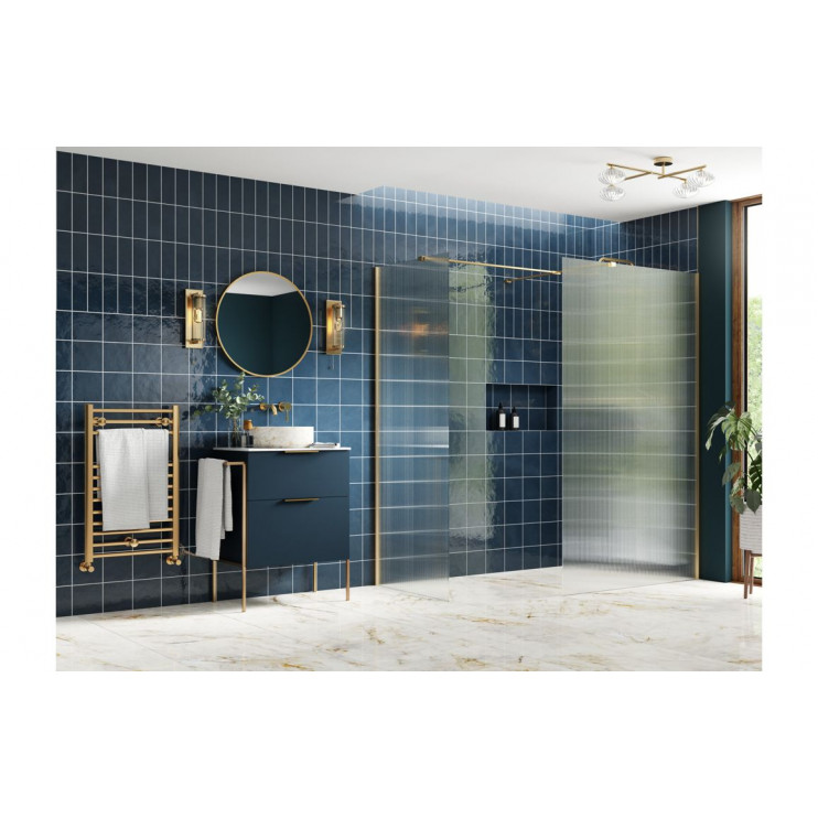 Iconix 800mm 8mm Glass Fluted Wetroom Panel & Side Panel Arm - Brushed Brass