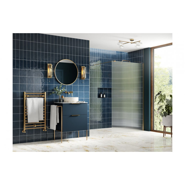 Iconix 1000mm 8mm Glass Fluted Wetroom Panel & Support Bar - Brushed Brass