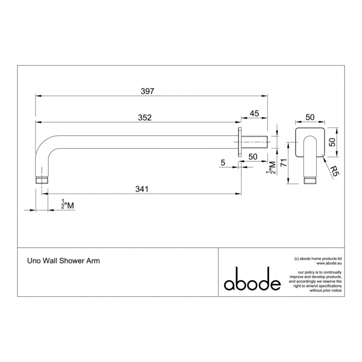 Abode Uno Wall Shower Arm - Brushed Brass