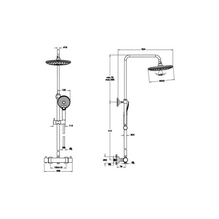 VitrA Aquaheat Bliss 240 Thermostatic Shower Column w/2-Function Overhead - Brushed Nickel
