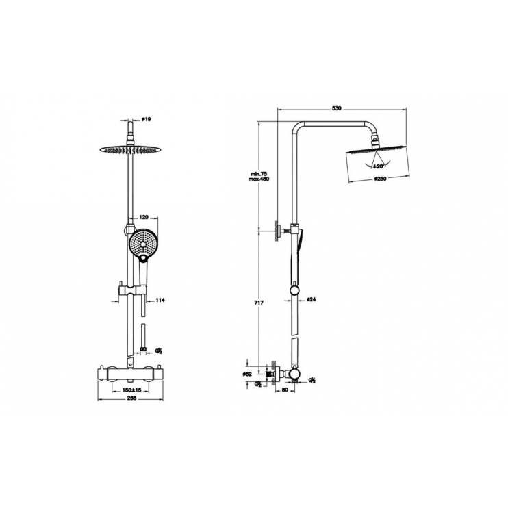 VitrA Aquaheat Bliss 250 Thermostatic Shower Column - Chrome
