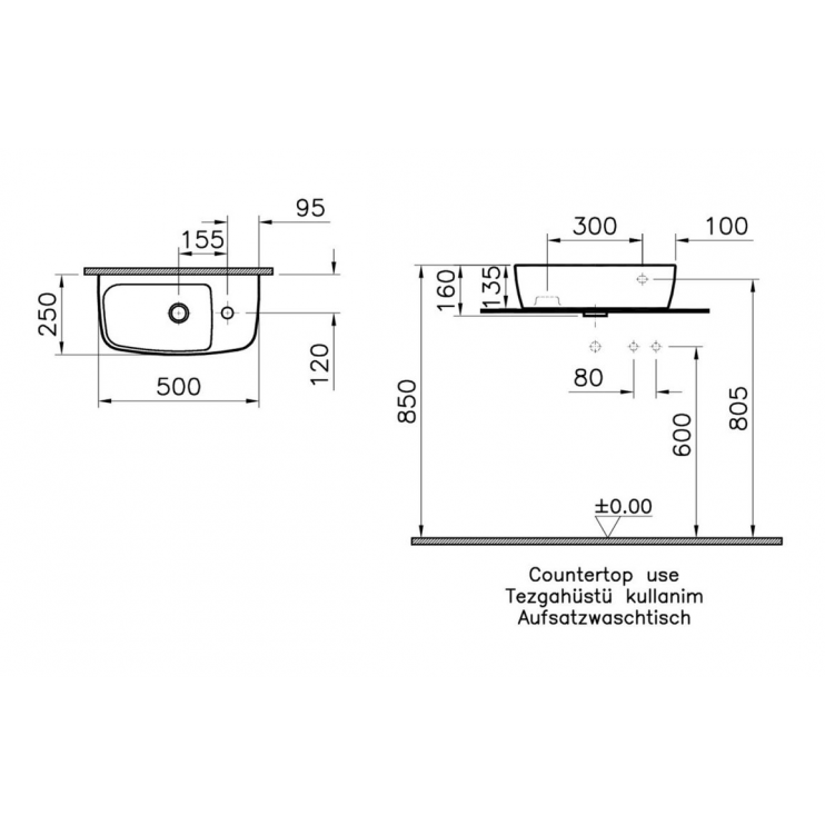 VitrA Shift 500x250mm 1TH Countertop Washbowl (RH) - White