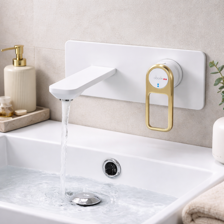 Abode Levarto Wall Mounted Basin/Bath Mixer - Matt White & Brass