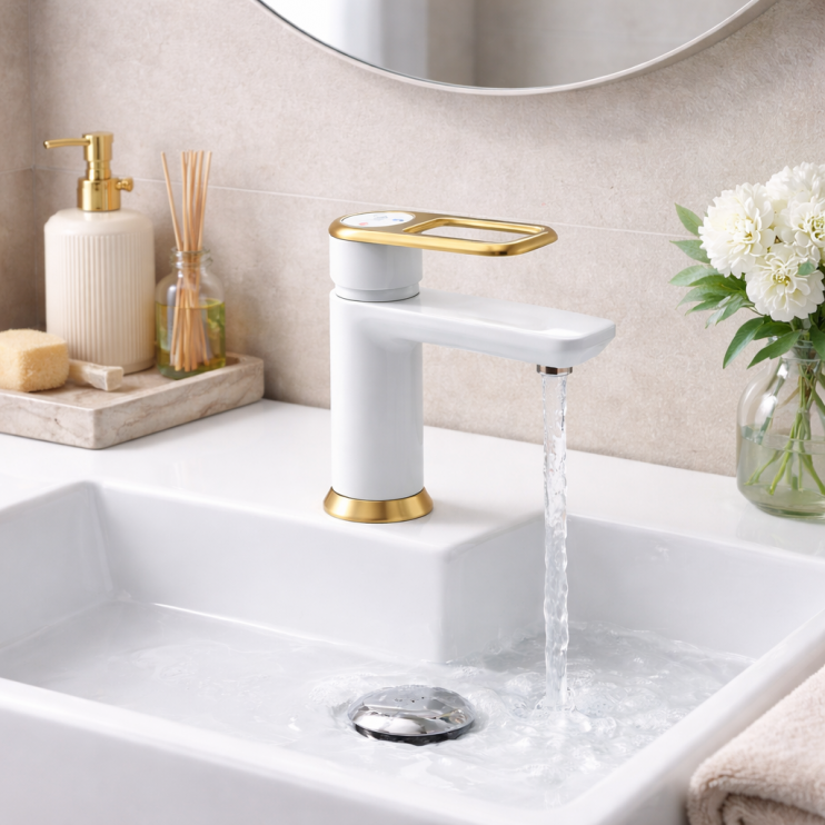 Abode Levarto Basin Mixer - Matt White & Brass