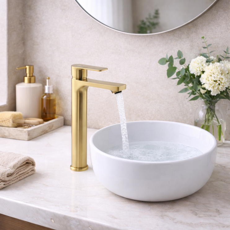 Abode Aquip Tall Basin Mixer - Brushed Brass Bathroom Taps