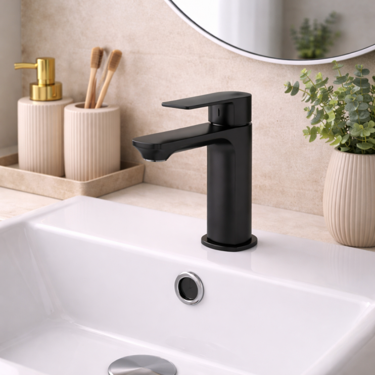 Bellona Basin Mixer & Waste - Matt Black Bathroom Taps